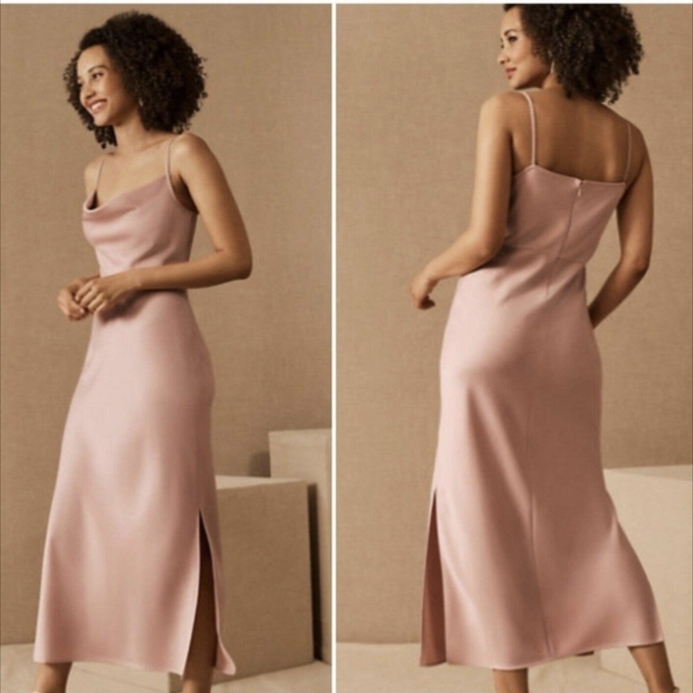 BHLDN Cali Satin cowl neck midi slip dress in blush